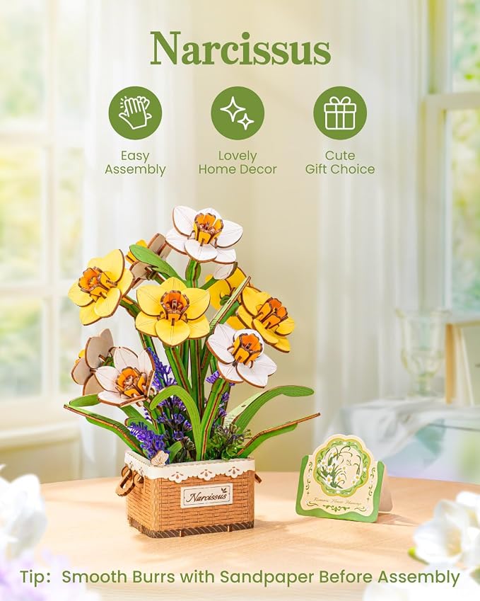 Rowood 3D Puzzles for Adults, Mother's Day DIY Wooden Flower Narcissus Craft Kit - Image 3