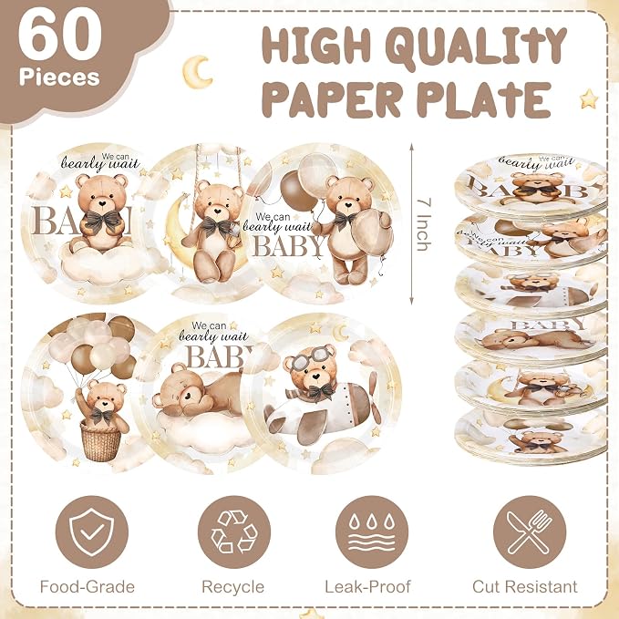 Funnymoom 60 Pcs Bear Baby Shower Decorations 7 Inch Brown Bear Paper Plates We - Image 2