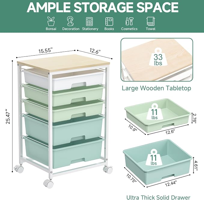 SYKIARIOL Utility Cart with 5 Drawers, Storage Cart with Wooden Tabletop and - Image 3