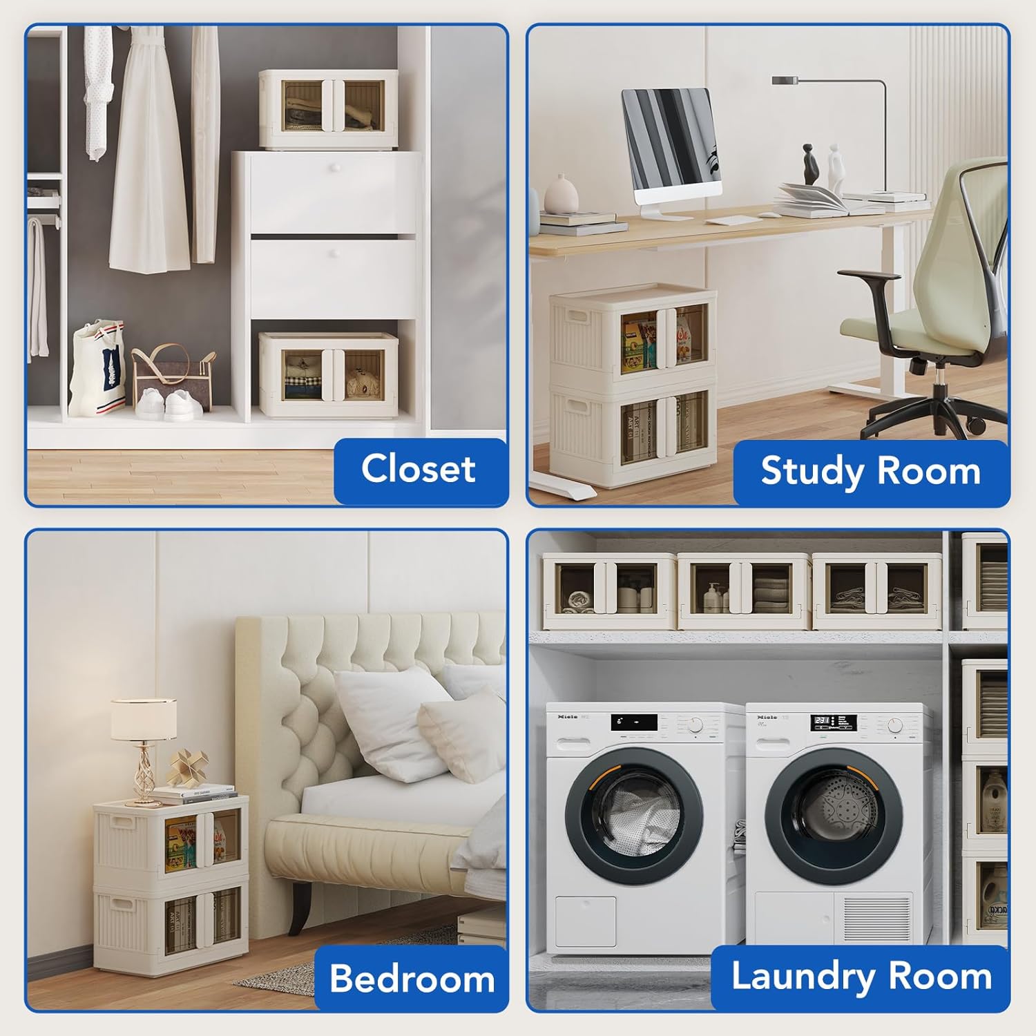 FLEXIMOUNTS 110 QT Stackable Storage Bins With Lids, Collapsible Plastic Storage Bins With Doors and Built-in Wheels For Home Dorm Closet Organizers and Storage, 3 Pack Cubes, Milky White