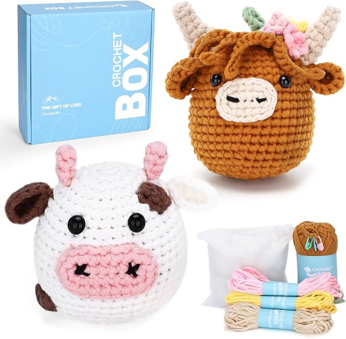 CrochetBox Crochet Kit for Beginner, Highland Cow and Cow Learn How to Crochet by CROCHETBOX
