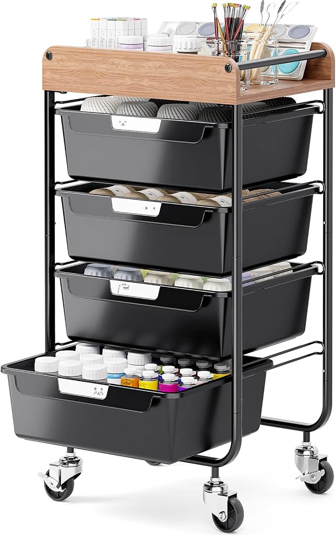 SYKIARIOL Utility Cart with 4 Labeling Drawers and Wooden Tabletop – Rolling by SYKIARIOL