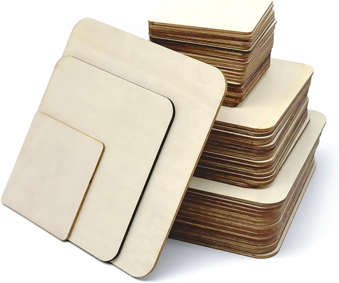48 Piece Unfinished Blank Wood Sheets, 3 Different Size Wood Square Slices by SPKESE