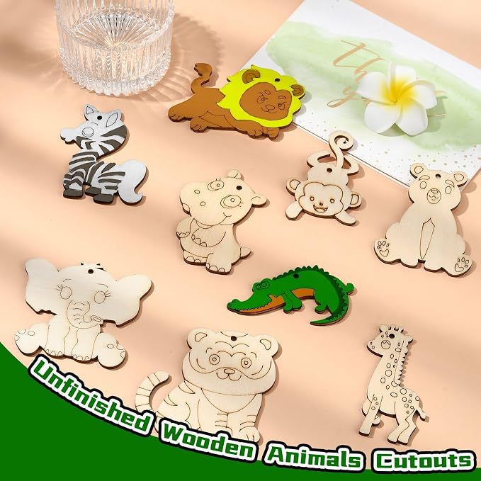 45 pcs 9 Styles Animal Theme Unfinished Wood Cutout Charms Elephant Lion - Image 5