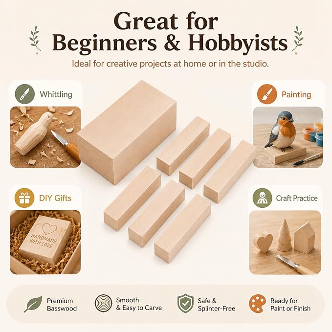 7 Pcs Basswood Blocks, Whittling Wood Carving Kit - Image 6