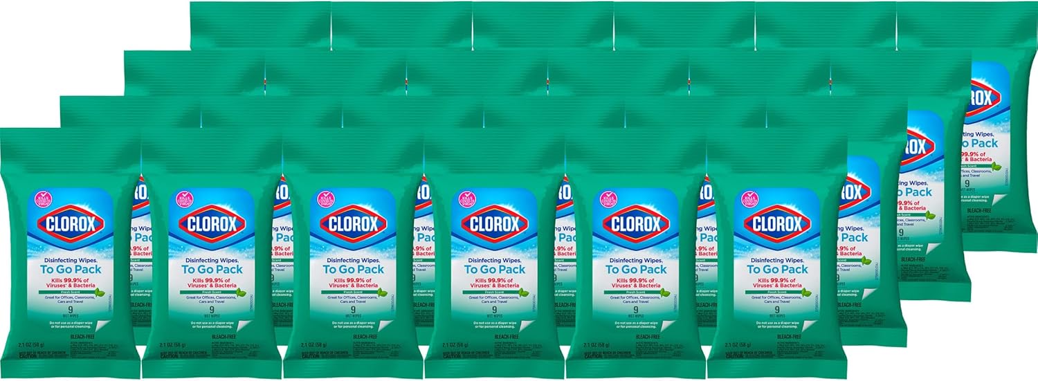 Clorox Disinfecting On The Go Travel Wipes, Fresh Scent, 9 Count, Pack of 24 (Package May Vary)