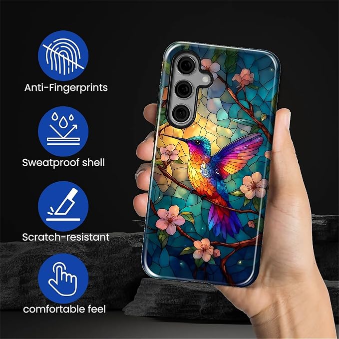 for Samsung Galaxy S25 FE Case, Stained Glass Hummingbird Pattern Glossy 2 in 1 - Image 5
