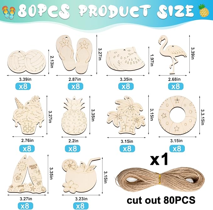 80PCS Unfinished Ornament Wood Crafts, Painting Blank Wooden Cutouts | DIY 10 - Image 2