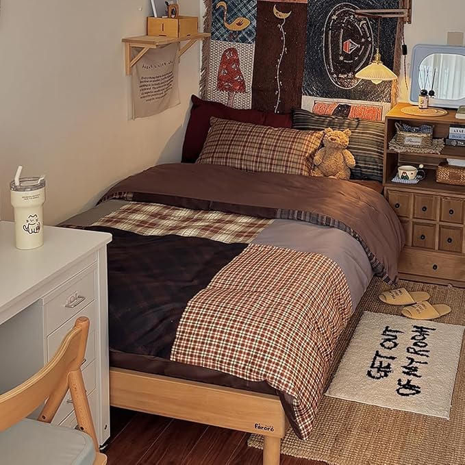 Nayoroom Plaid Duvet Cover Queen Size Vintage Brown Patchwork Checkered Duvet - Image 2