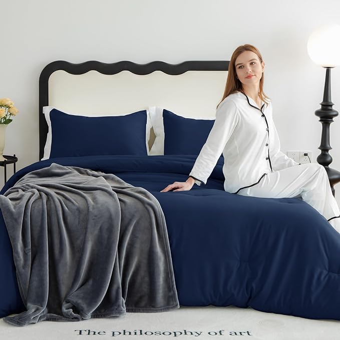 CozyLux Navy Blue Full Size Comforter Set, 3 Pieces Solid Breathable Quilted - Image 9