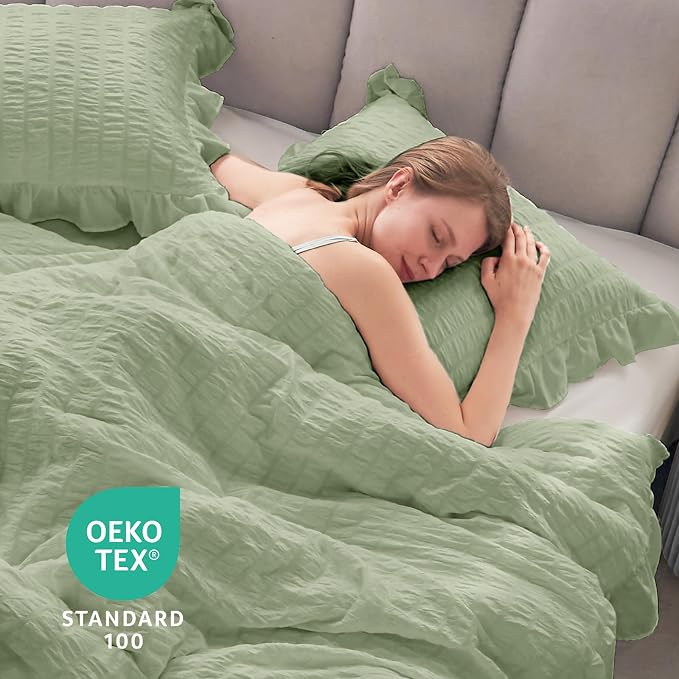 JOLLYVOGUE Sage Green Comforter Full Size, 3 Pieces Seersucker Lightweight Full - Image 6