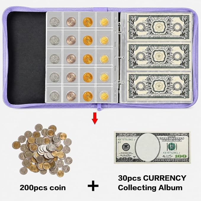 ANKHOH Zippered Coin Collection Book, 200 Pockets and 30 Bill Sleeves | PU - Image 3