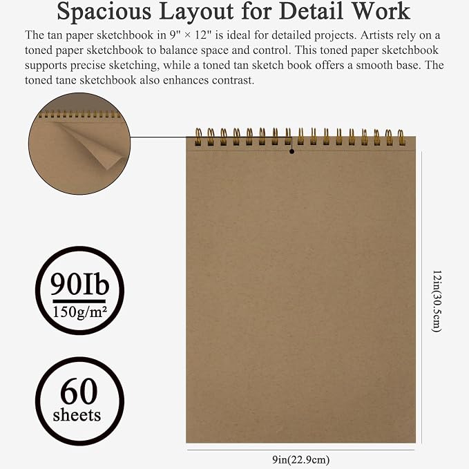Fuxi Toned Tan Sketchbook 9x12-60 Sheet Acid Free Toned Paper, Professional - Image 2