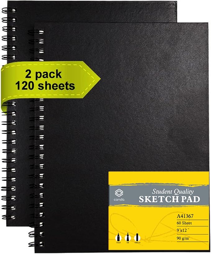 CONDA 9"x12" Sketch Book Set, 2 Pack, 120 Sheets, Spiral Bound Marker Pad by CONDA
