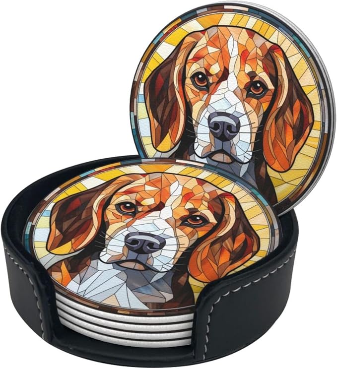 Drink Coaster Set of 6, Beagle Dog Mom Lover Gift, Leather Drink Coasters - Image 2