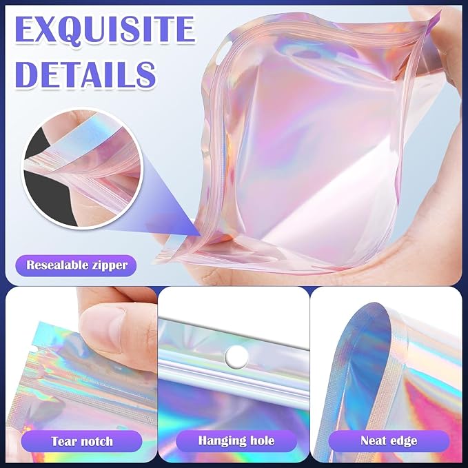 JETMORE 300 Pcs Mylar Bags, Smell Proof Bags Foil Pouch, Holographic Resealable - Image 5