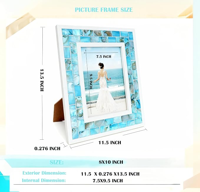 Beach Picture Frame 8x10 Blue, Mother of Pearl Picture Frame, Mosaic Glass Frame - Image 6