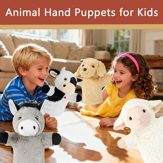 4 PCS 11'' Farm Animal Hand Puppet Set Soft Realistic Plush Puppets Toys Sheep - Image 4