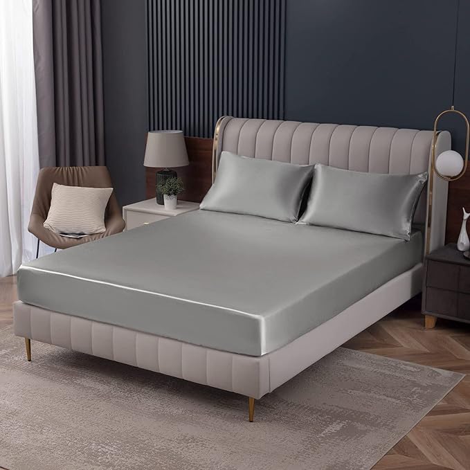 Homiest Light Grey Satin Fitted Sheet Twin XL Size, Deep Pocket, Luxury & Ultra by Homiest