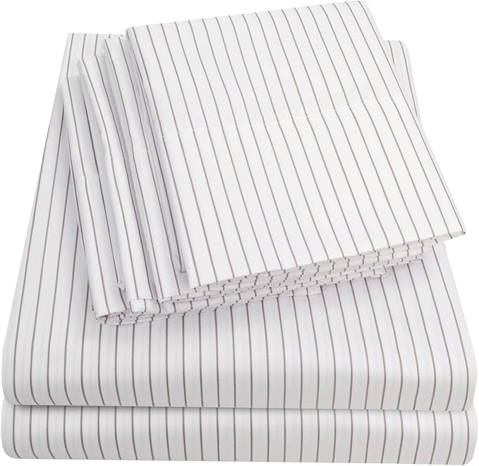 Queen Sheets Pinstripe White by SweetHomeCollection