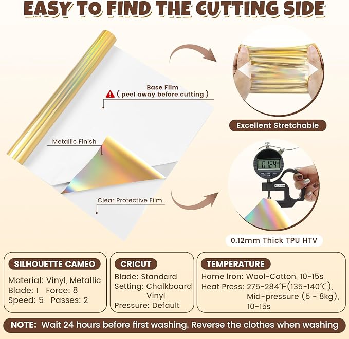 Holographic Gold Metallic Foil Heat Transfer Vinyl, Chrome HTV Easy to Cut & - Image 4
