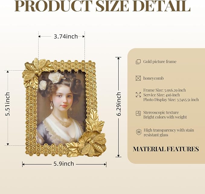 Cuspin 4x6 Gold Picture Frame, Vintage Honeycomb Decorative Resin Photo Frame - Image 5
