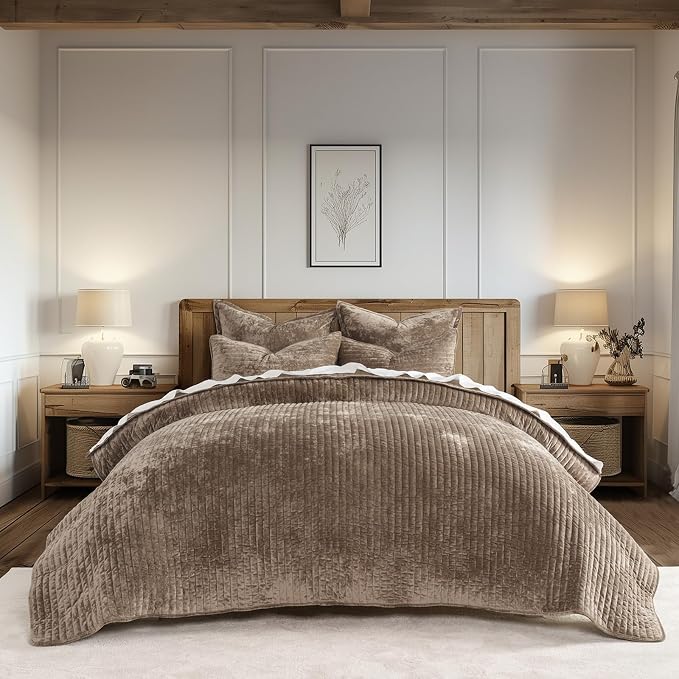 EVERGRACE Velvet Quilt Set Queen Size, Luxurious Soft Striped Channel Bedding by EverGrace