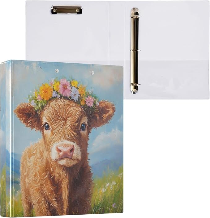 Highland Cow Round Ring Binders 1.5 Inch Cowboy Flower 3 Ring Clipboard Binder - Image 8