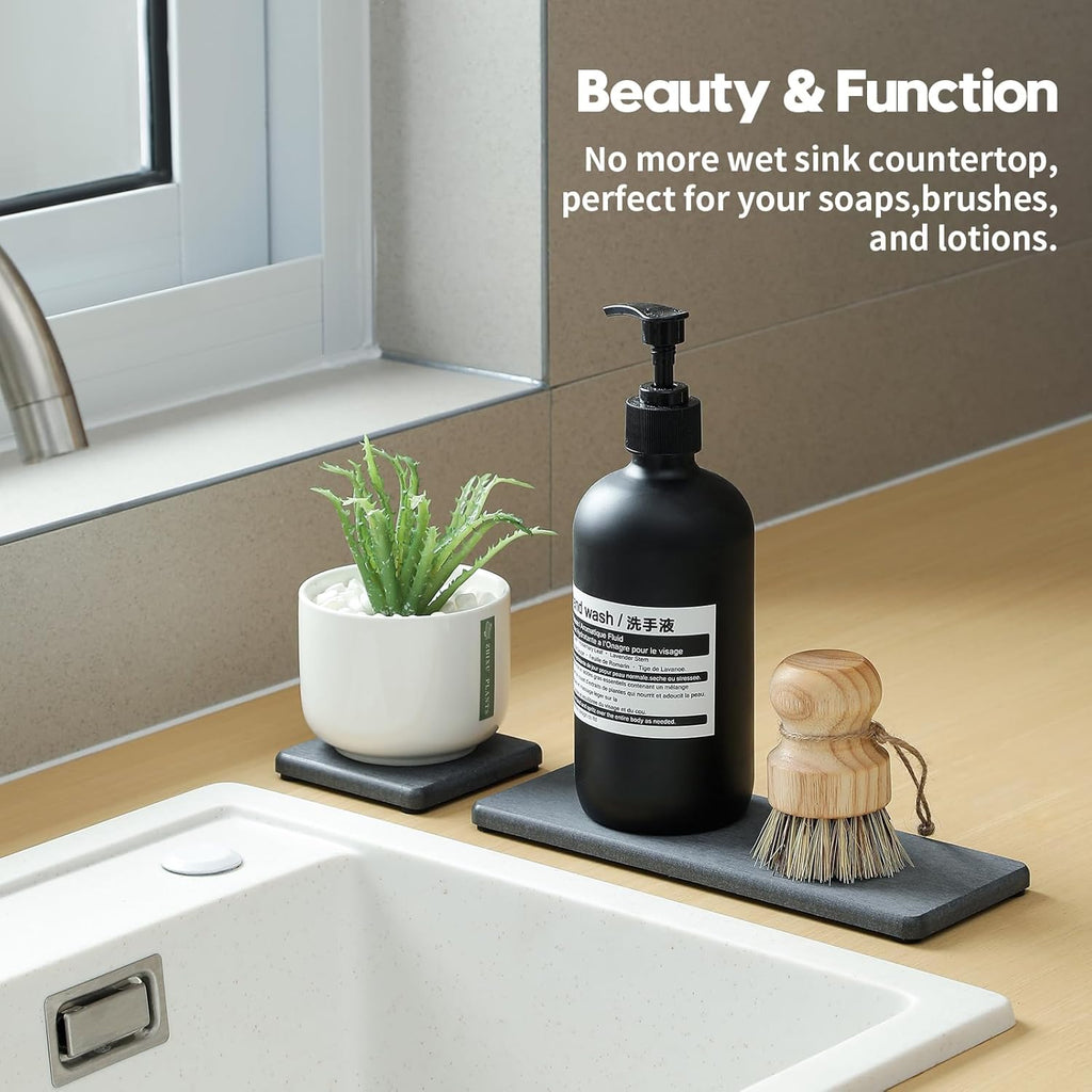 3PCS Water Absorbing Soap Dish Sponge Holder, Diatomite Stone Drying Tray Mat Sink Caddy for Kitchen Counter & Bathroom, Small Stone Bath Mat Faucet Accessories Organizer Protector,Dark Gray,9"x 3.5"