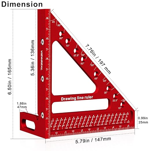 Large Carpenter Square 6.5''x5.79''Protractor Ruler - Image 2
