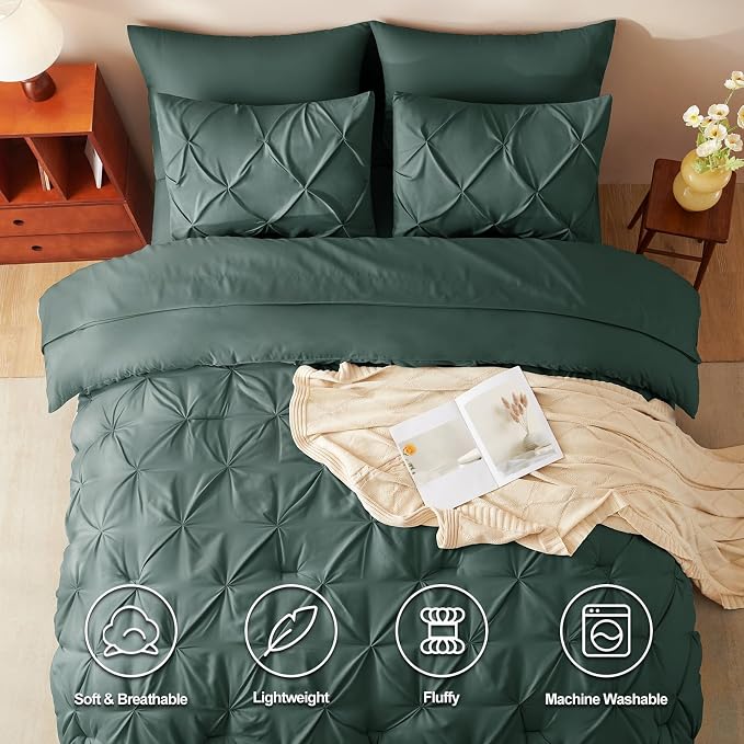 CozyLux King Size Comforter Set Forest Green, 7 Pieces Pintuck Bed in A Bag - Image 2
