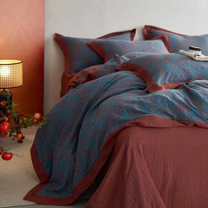 mixinni Muslin Cotton Vintage Blue Floral Duvet Cover Queen Size 3pcs Yarn Dyed - Image 2