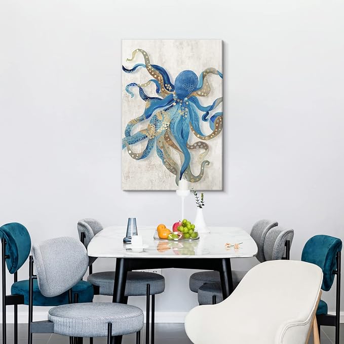 Octopus Canvas Wall Art Blue and Gold Sea Animal Picture Ocean Life Theme - Image 7