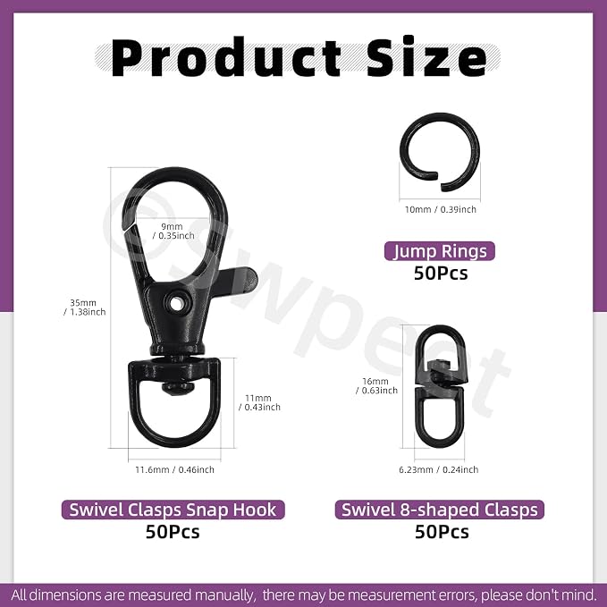 Swpeet Assorted 150Pcs Black Keychain Making Kit, Swivel Trigger Hook, Swivel - Image 2