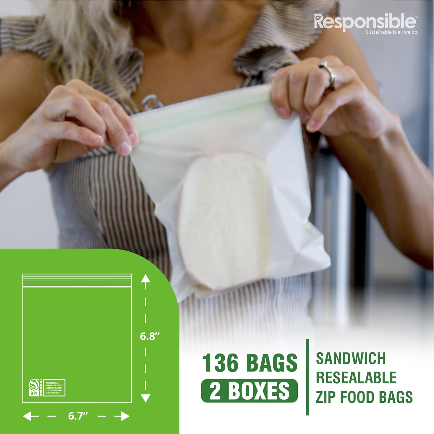 Responsible Products Certified Compostable SANDWICH Resealable Zip Bag, Extra Strength Food Bags, Made from Plant Materials (136 Pack)