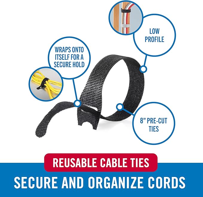 VELCRO Brand ONE-WRAP Cable Ties, 8 x 1/2" Black Cord Organization Straps - Image 2