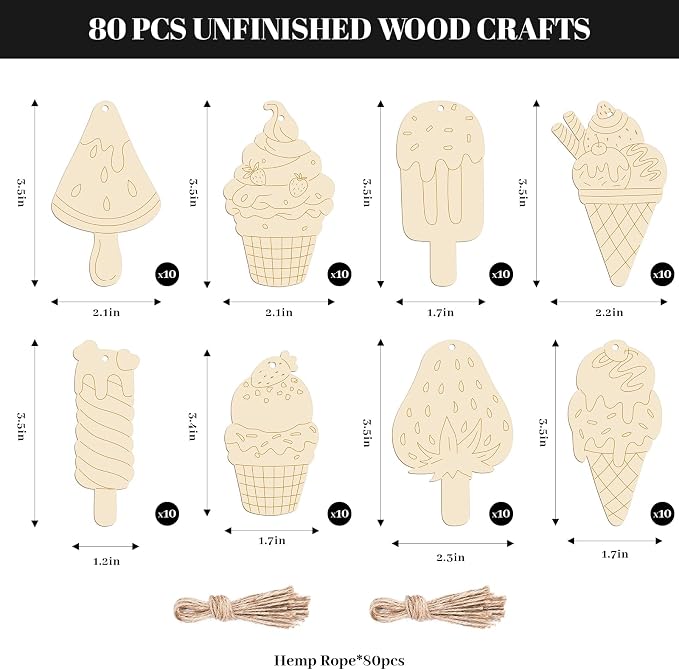 Subacy 80 PCS Unfinished Wood Cutouts 8 Styles DIY Wooden Spring Ornaments - Image 3