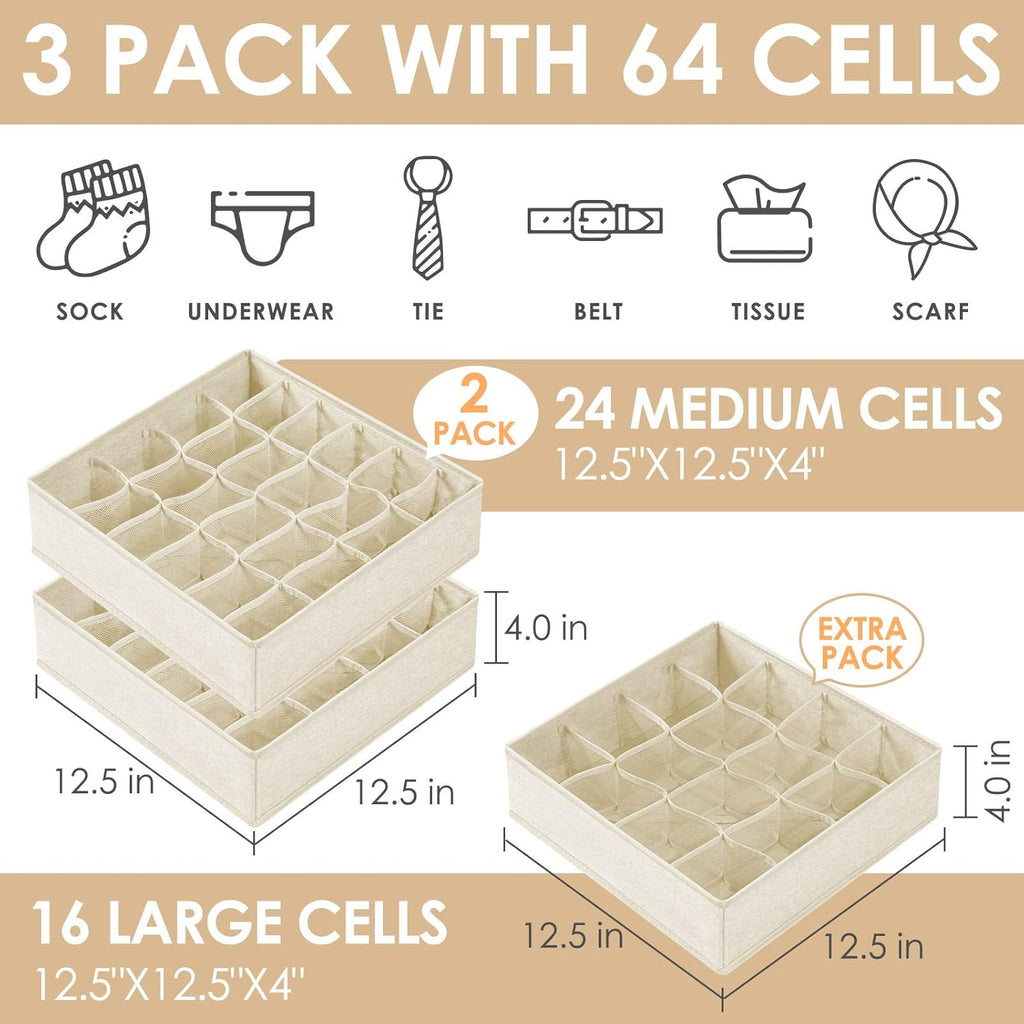 Criusia 3 Pack Sock Underwear Drawer Organizer Dividers, 64 Cell Fabric Foldable Cabinet Dresser Closet Organizers and Storage Boxes for Organizing Socks, Underwear, Ties (16+24+24 Cell, Beige)