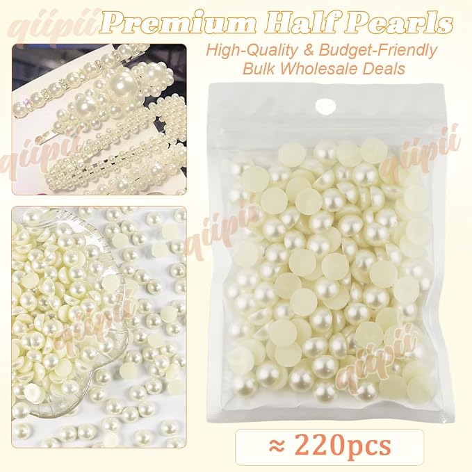 qiipii 220PCS 10mm Beige White Round Half Round Pearls - Image 2