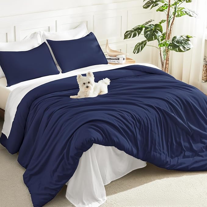 Litanika Navy Blue Comforter Set King Size, 3 Pieces Lightweight Solid Bedding by Litanika