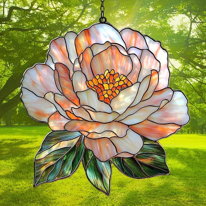 Pastel Pink Peony Acrylic Suncatcher Stained Glass Effect Window Car Hanging - Image 3