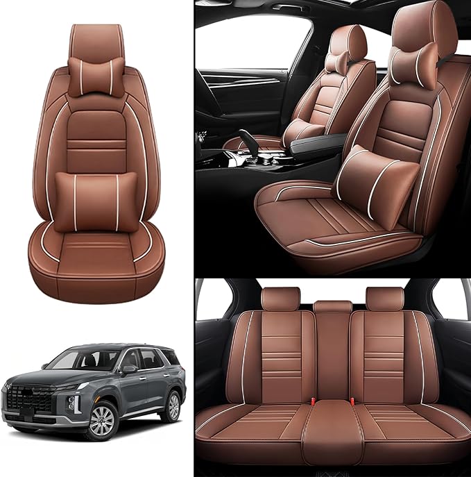 Car Seat Covers for Hyundai Car Palisade 2020-2025 | 5-Seats Seat Covers, Waterproof Seat Protectors, Automotive Seat Covers (Full Set with Pillow,Coffee)
