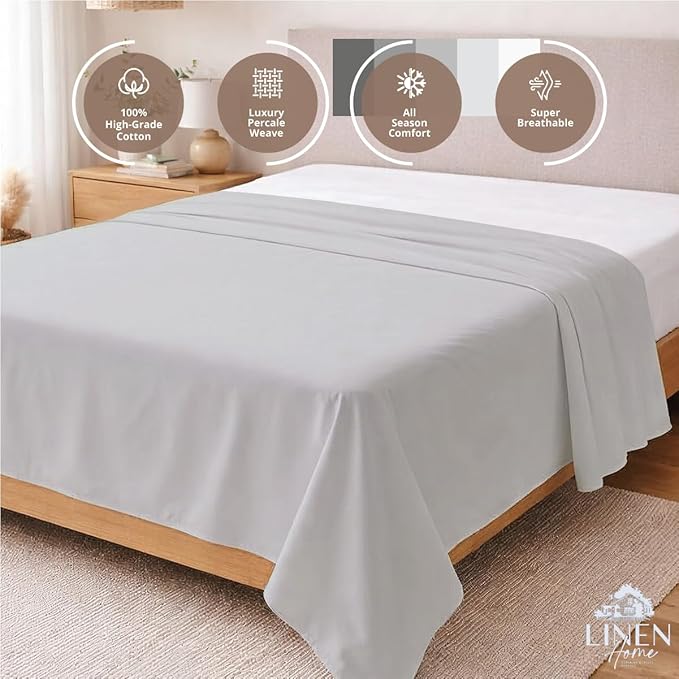 Linen Home 100% Cotton Percale 1 Flat Sheet, Full Size - Image 3