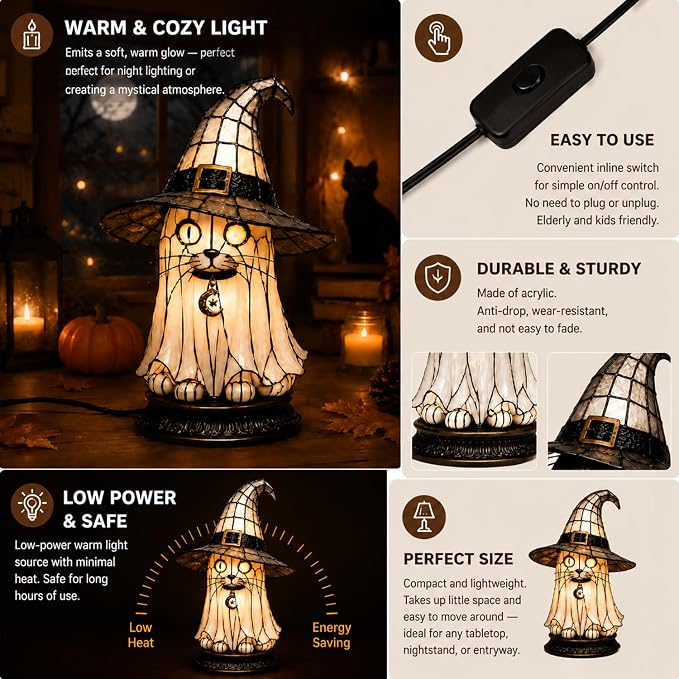 Resin Black Cat Witch Hat Table Lamp - Image 3