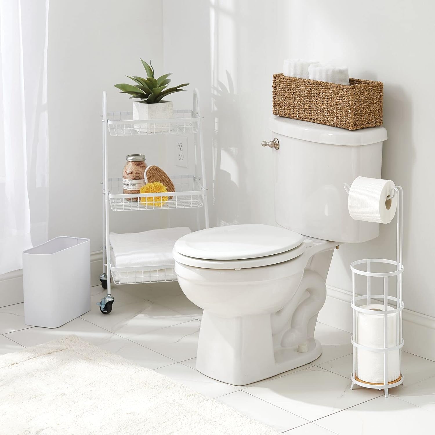 mDesign Metal Wastepaper Bin — Compact Rectangular Bathroom Bin — Rubbish Basket for Home and Office — White