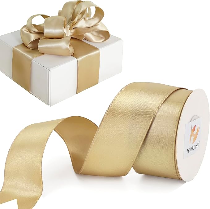 HUIHUANG Champagne Satin Wired Ribbon 1-1/2 inch Champagne Gold Wire Edge Ribbon by HUIHUANG