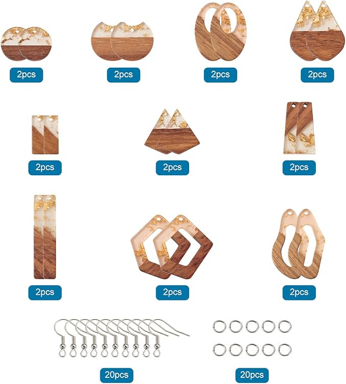 FASHEWELRY 20Pcs Resin Wooden Earring Pendants 10 Styles Gold Teardrop - Image 7