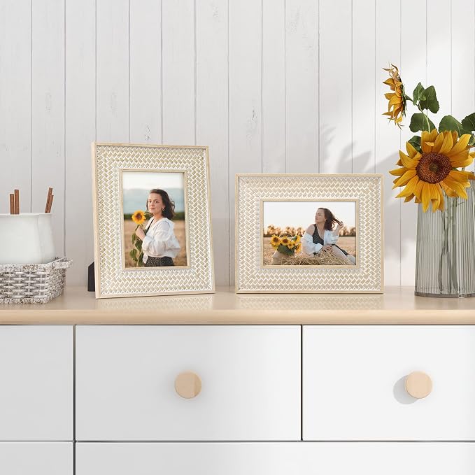Boho 5x7 Picture Frame Woven Rattan Photo Frame | Bohemian Rustic Carved Design - Image 3