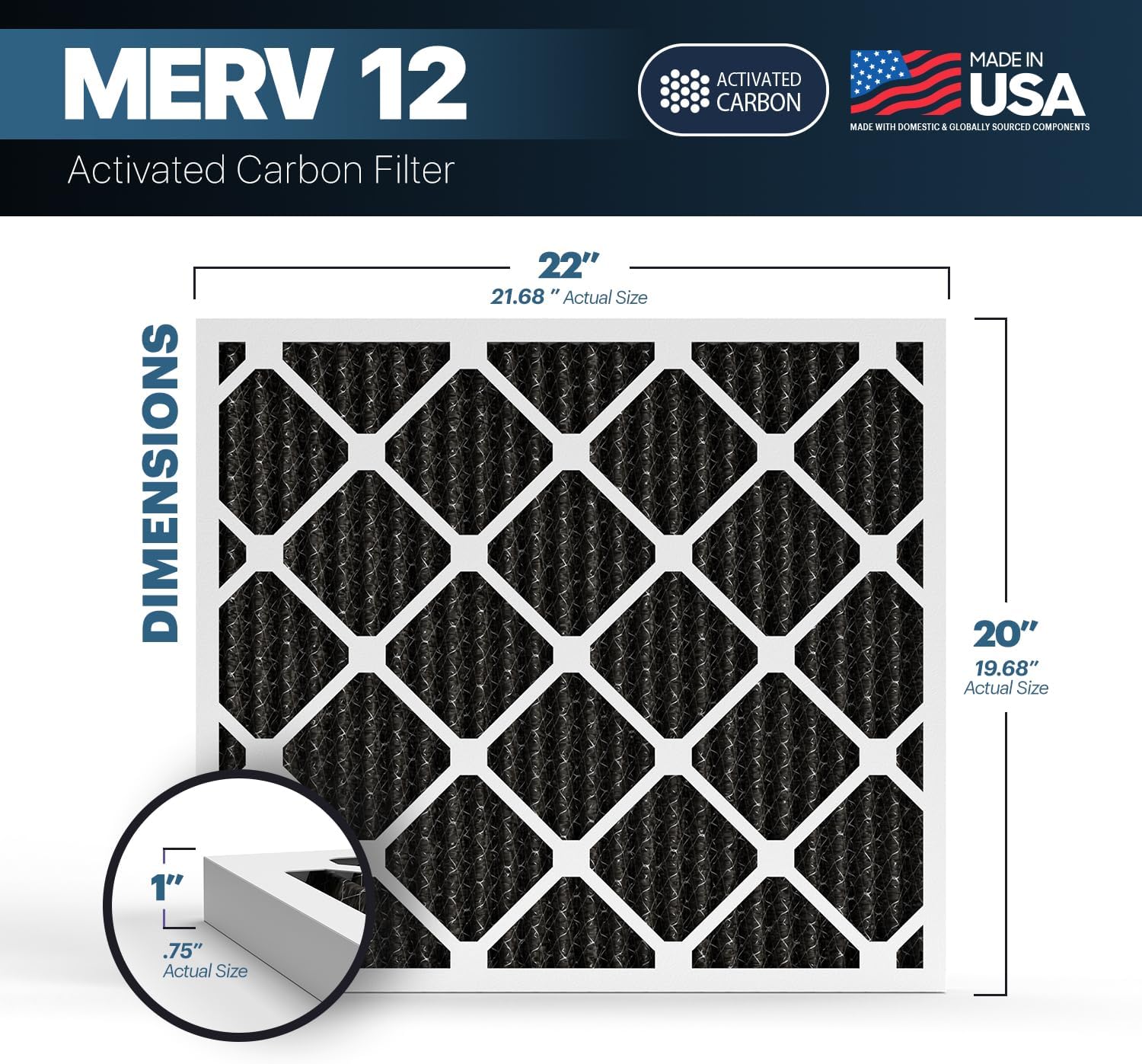 BNX TruFilter 20x22x1 MERV 12 Odor Defense (6-Pack) AC Furnace Air Filter with Activated Carbon - MADE IN USA - Pleated Air Conditioner HVAC AC Furnace Filters - Removes Odor, Mold, Bacteria, Smoke