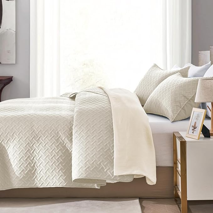 FLYMME Twin Quilt Set, Lightweight Cream Bedspreads, Basket Weave Pattern - Image 3